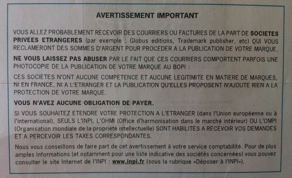 Courrier Frauduleux INPI